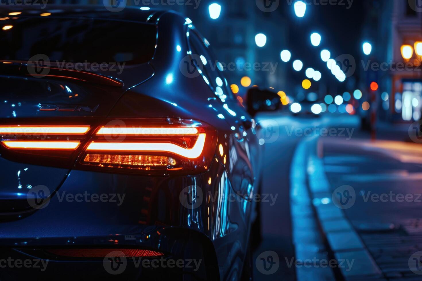 AI generated Long exposure night photography of blue car lights. photo