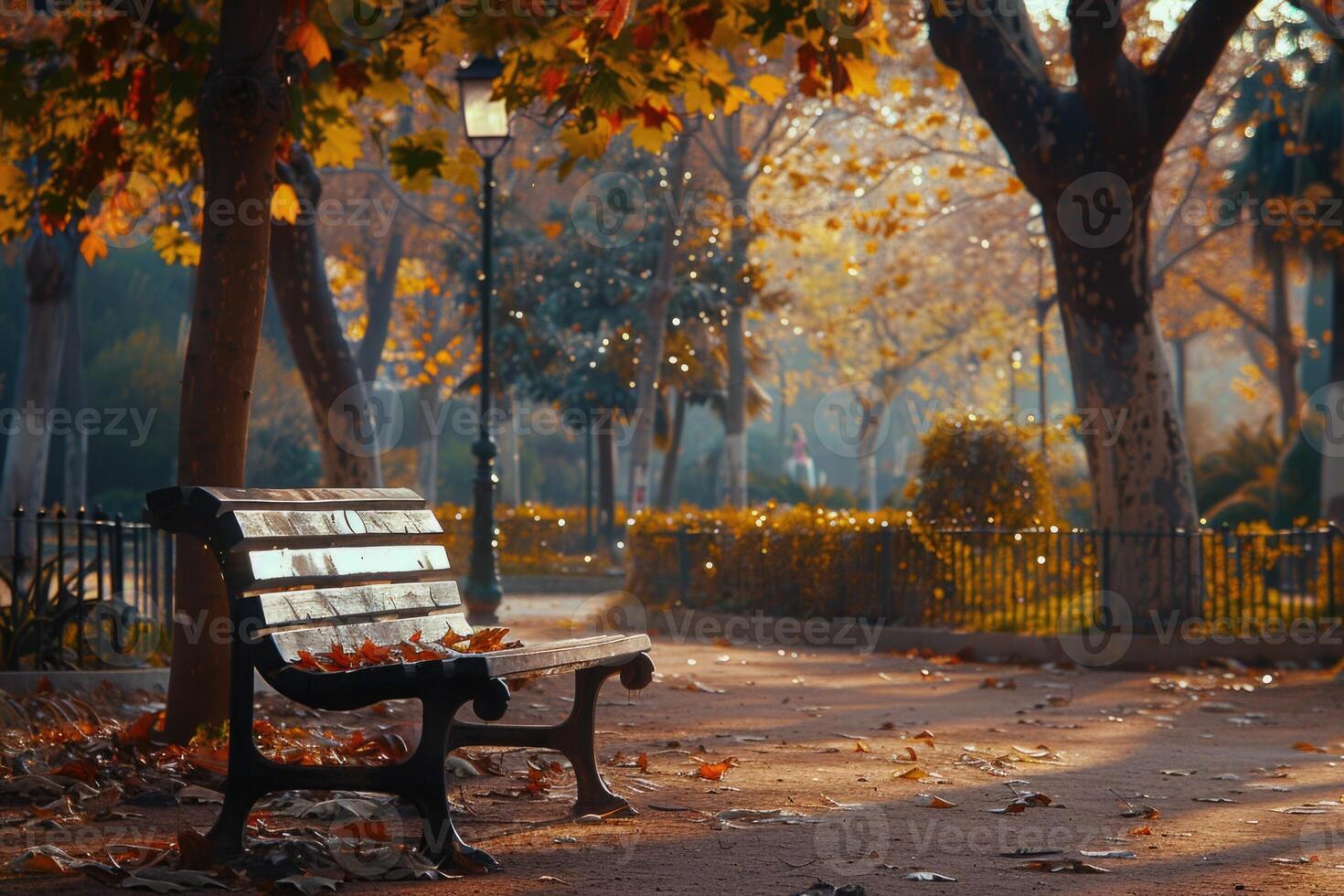 AI generated Bench in the park in Barcelona. Warm colors. Color corrected in LAB. photo