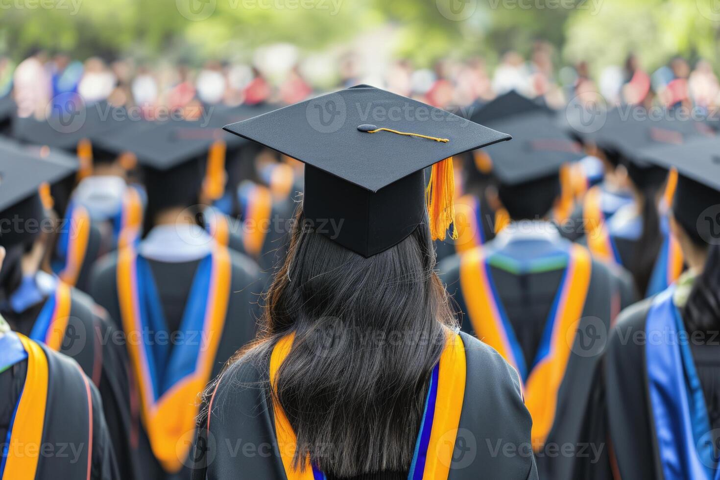 AI generated University graduates in graduation attire from behind on commencement day. photo