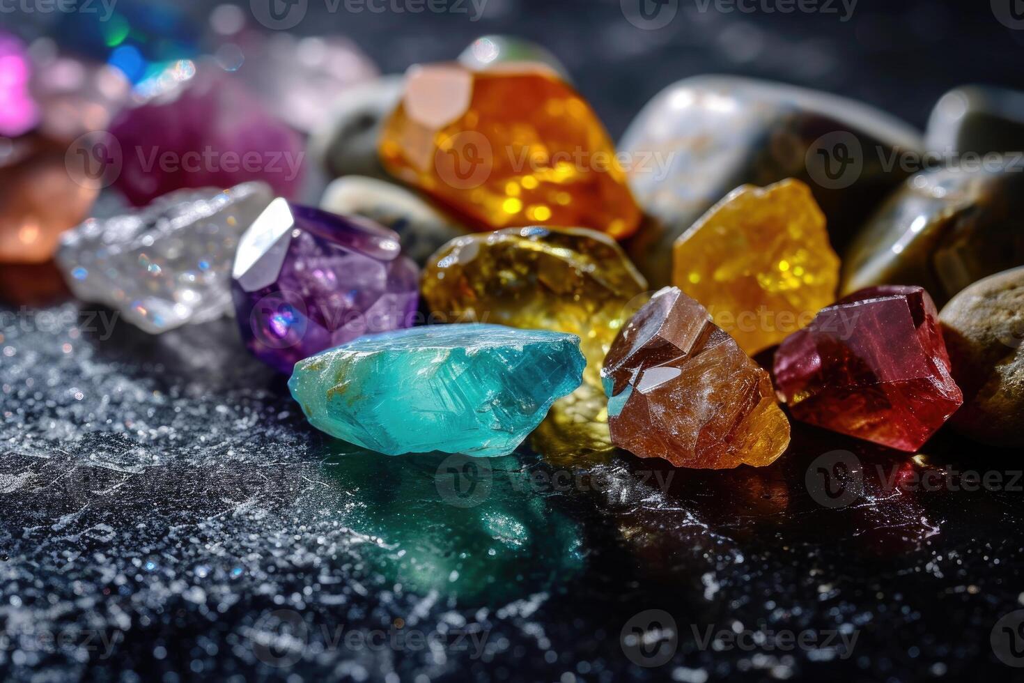 AI generated Collection of natural gemstones in black shine color. photo