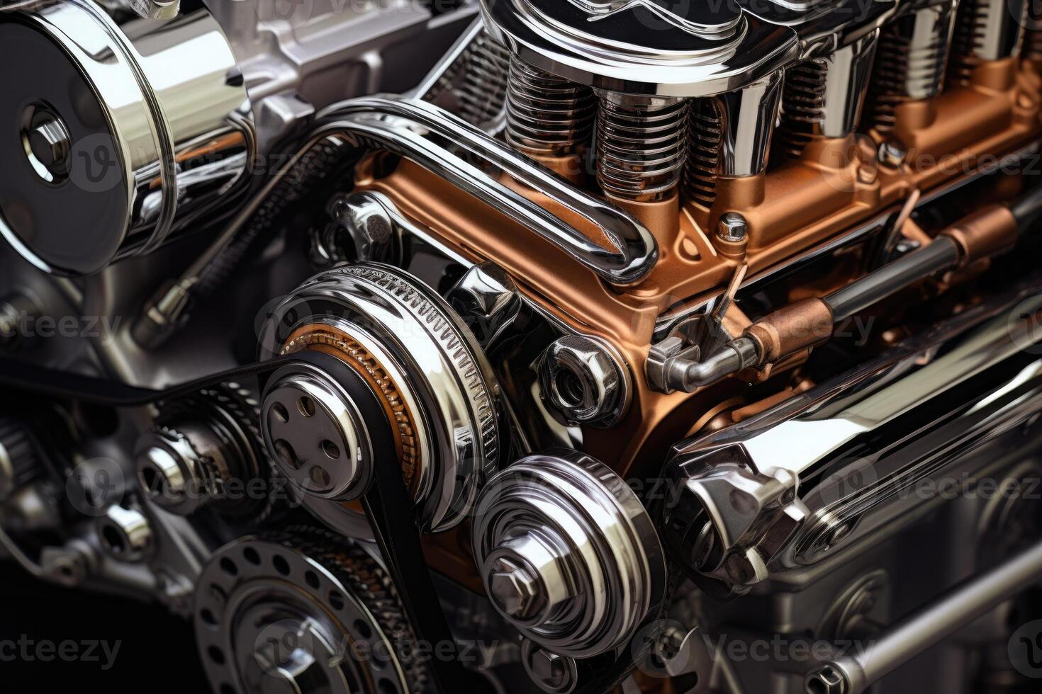 AI generated Car engine with chrome parts. photo