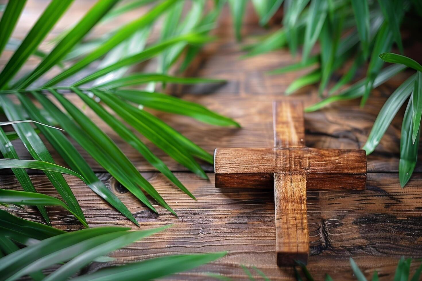 AI generated Wooden Cross on Wooden Table photo