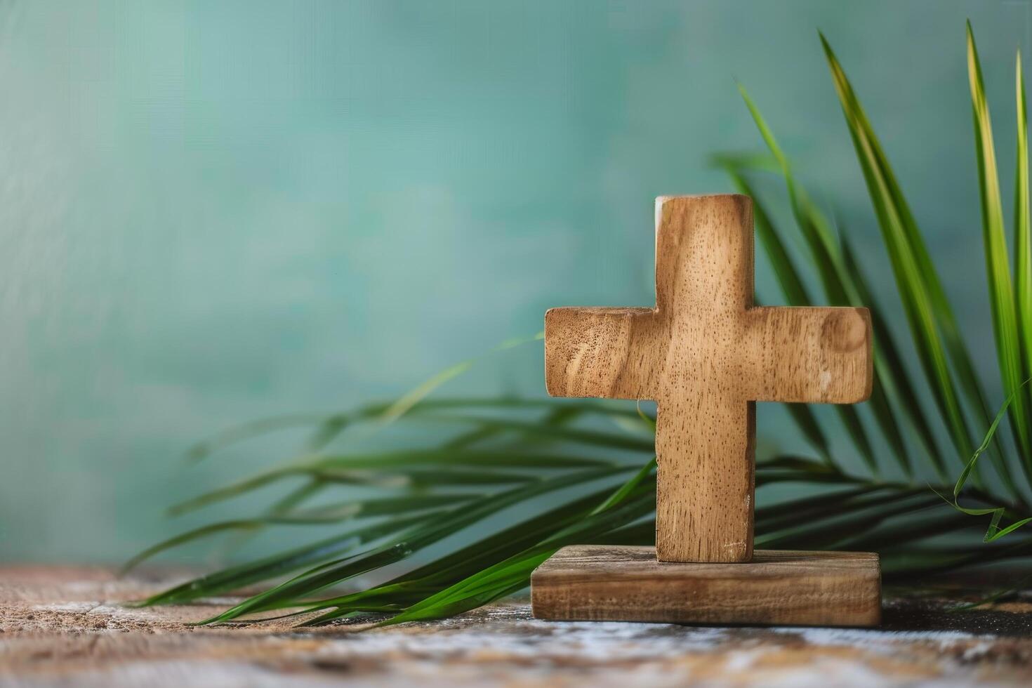 AI generated Wooden Cross on Stone Wall photo