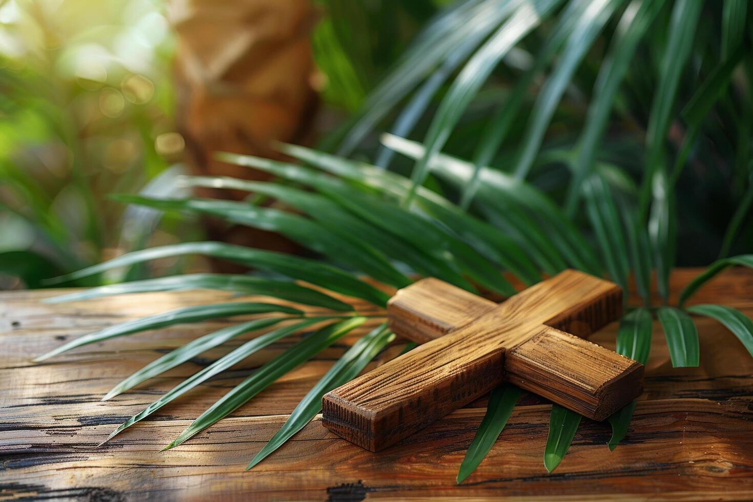 AI generated Wooden Cross on Wooden Table photo