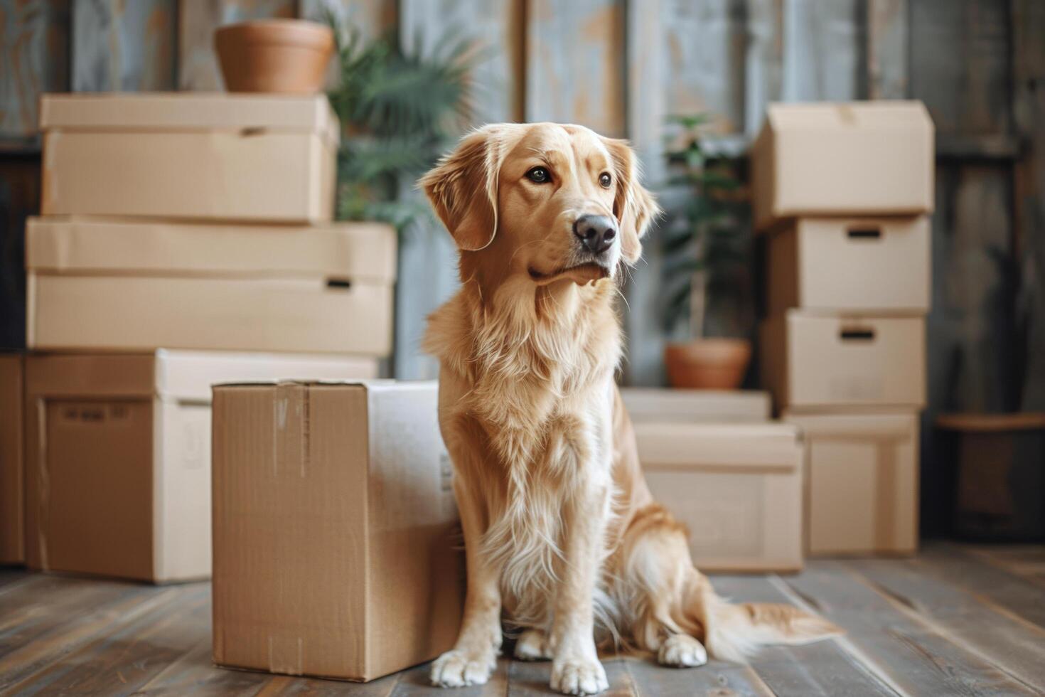 AI generated Brown and White Dog Standing in Front of Pile of Boxes photo