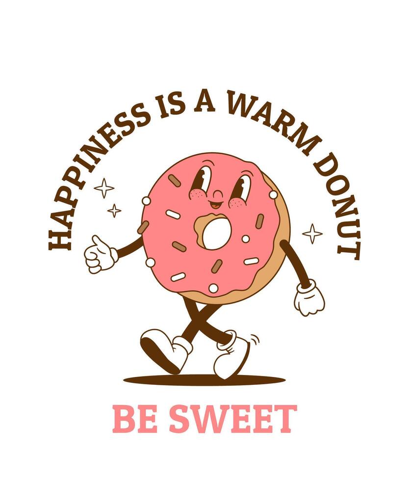 Retro cartoon donut character vector illustration. Vintage bakery mascot. Funny sweet food