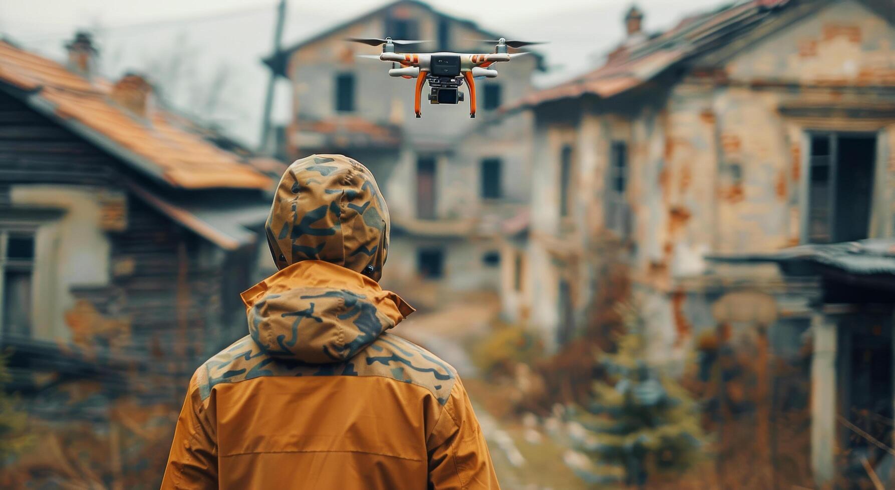 AI generated Man in Yellow Jacket Observes Small Plane Passing Overhead photo