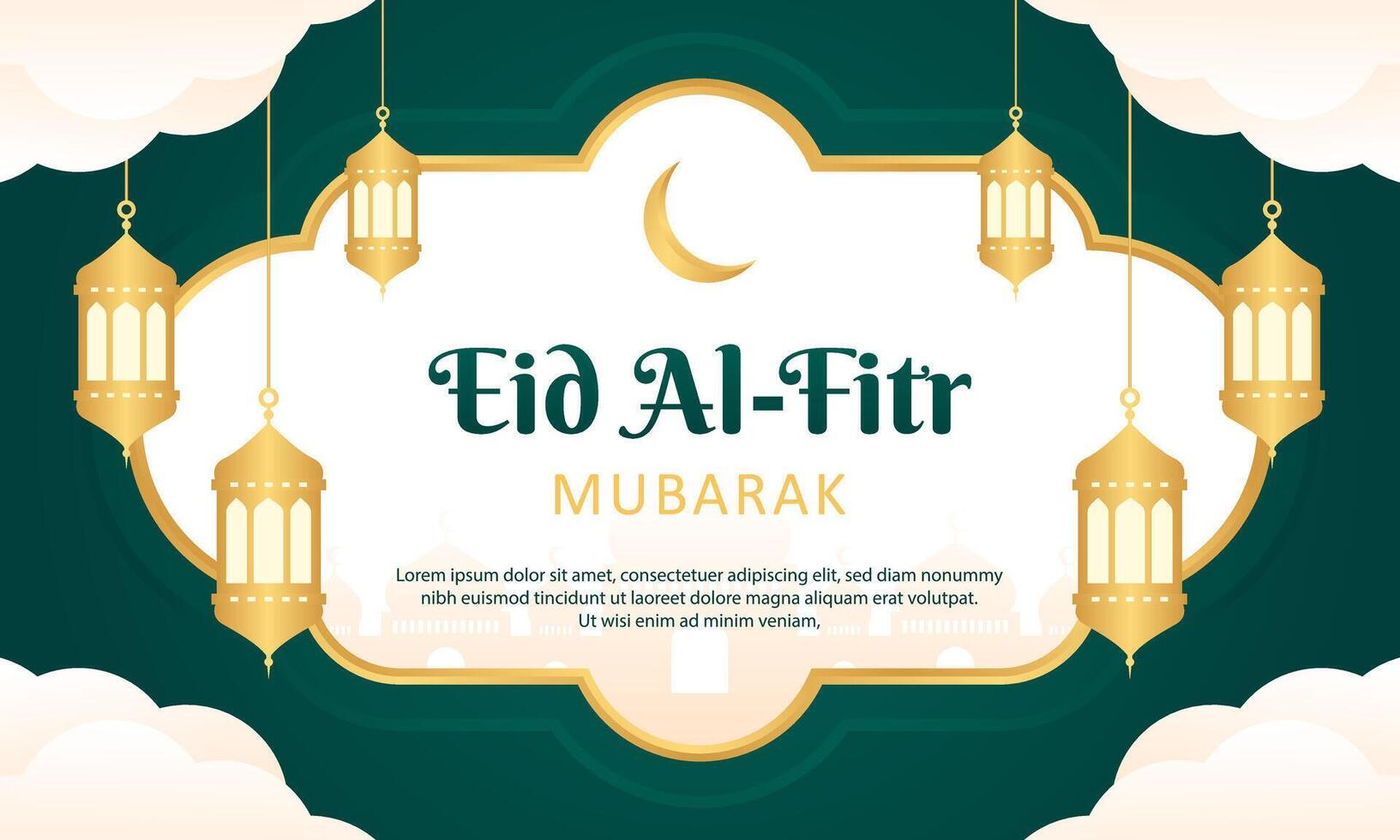 Eid Mubarak Islamic greeting banner template design with gold frame, and lantern illustration. Eid green background. Card vector