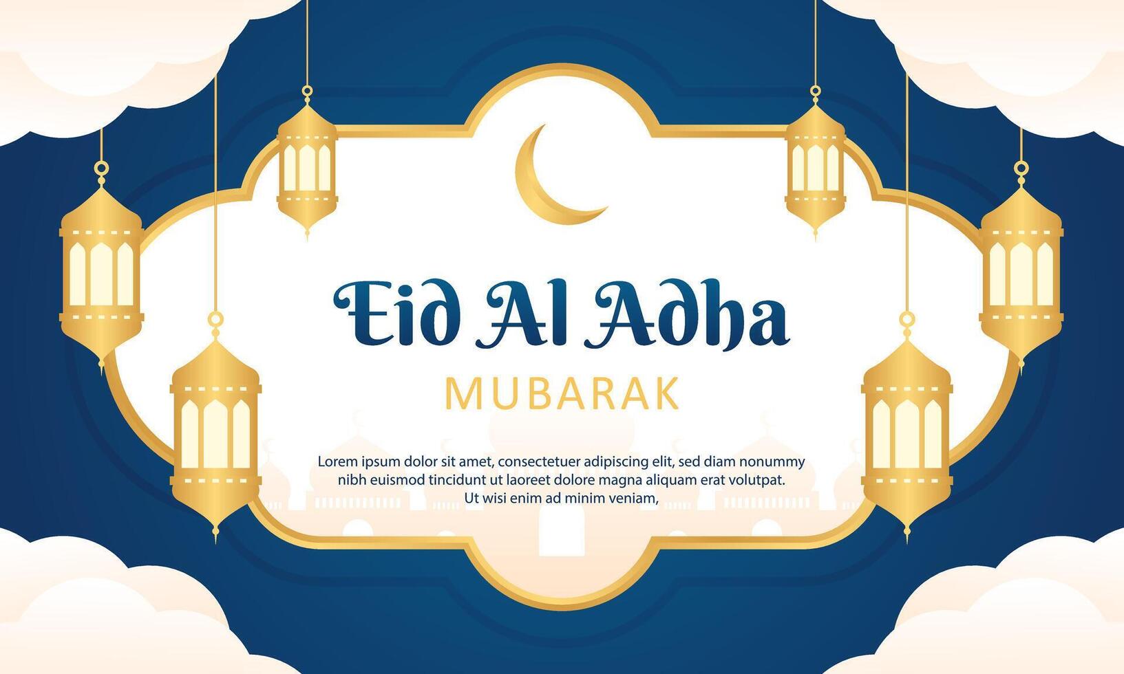 Eid Al Adha Mubarak Islamic greeting banner template design with gold frame, and lantern illustration. Eid background. Card vector