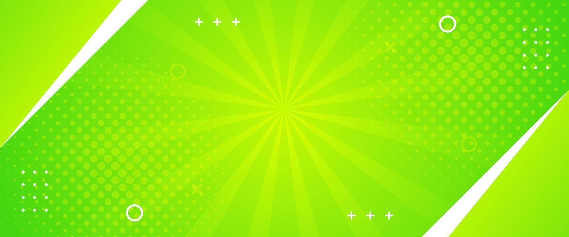 Bright green-yellow abstract geometric banner background. Comic sunburst effect background with halftone. Suitable for templates, sales banners, events, ads, web, and headers vector