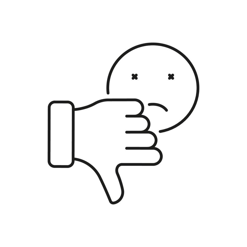Thumb Down With Sad Emoticon Line Icon. Bad Feedback, Dislike Emoji Linear Pictogram. Unlike Outline Symbol For Social Media. Disagree Sign. Editable Stroke. Isolated Vector Illustration