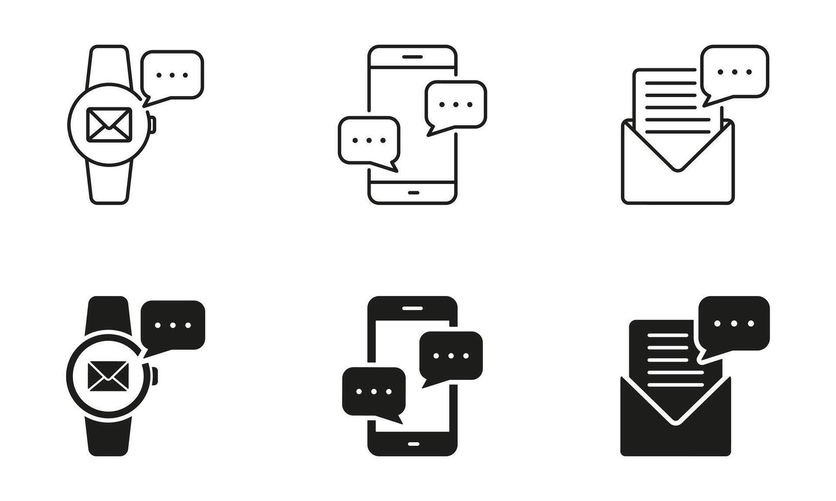 Message Notification Line and Silhouette Icon Set. Online Communication Symbol Collection. Text Chat, Discussion Sign. Email In Smartwatch, Smartphone. Editable Stroke. Isolated Vector Illustration