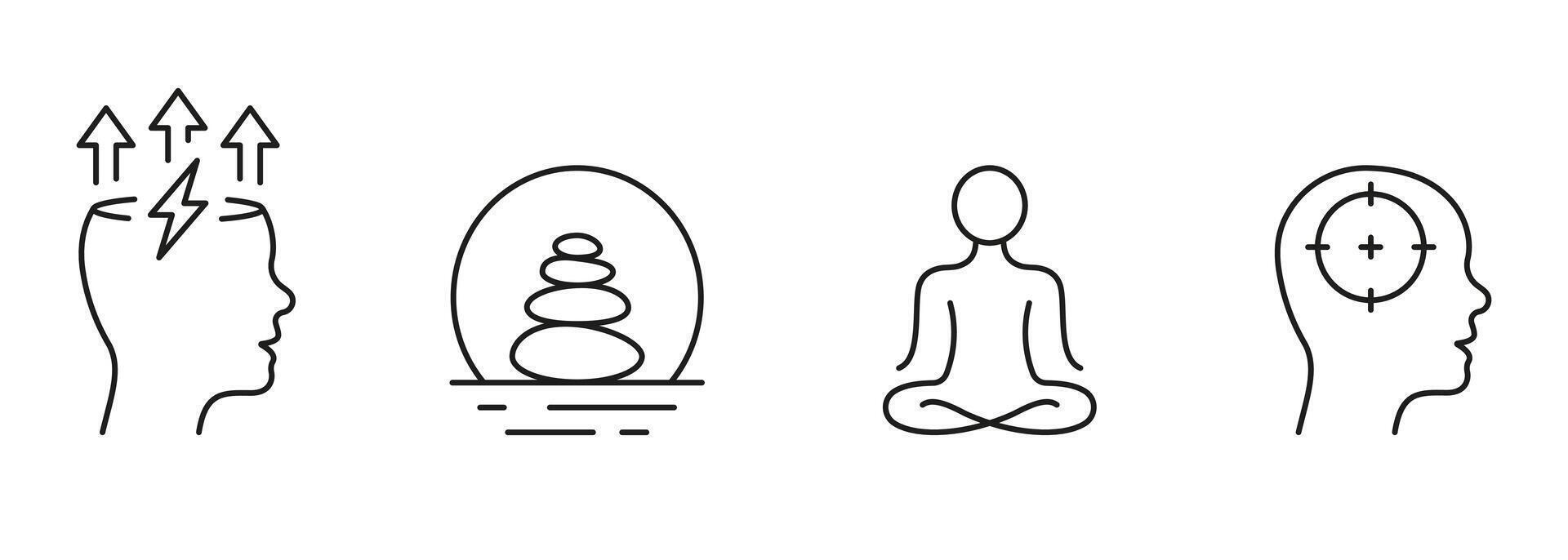 Calm And Relax Line Icon Set. Meditate For Mental Health Linear Pictogram. Stone Balance Outline Sign. Positive Energy, Wellness Symbol Collection. Editable Stroke. Isolated Vector Illustration
