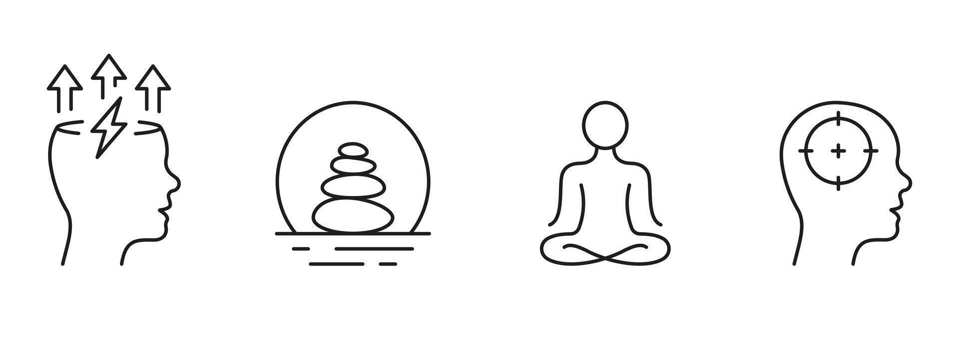 Calm And Relax Line Icon Set. Meditate For Mental Health Linear Pictogram. Stone Balance Outline Sign. Positive Energy, Wellness Symbol Collection. Editable Stroke. Isolated Vector Illustration