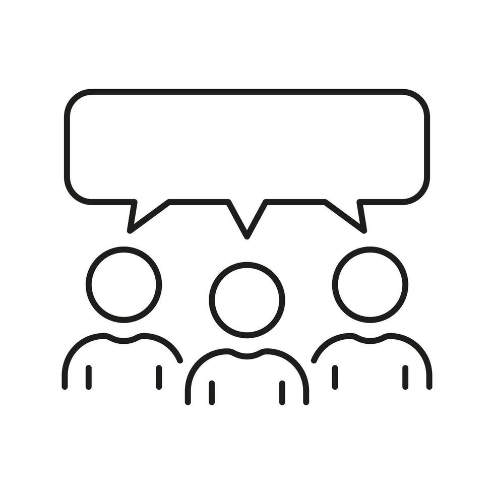 Speech Bubble And Group Of People Line Icon. Team Talk, Discussion Linear Pictogram. Three Men Talking Outline Symbol. Conversation At Meeting Sign. Editable Stroke. Isolated Vector Illustration