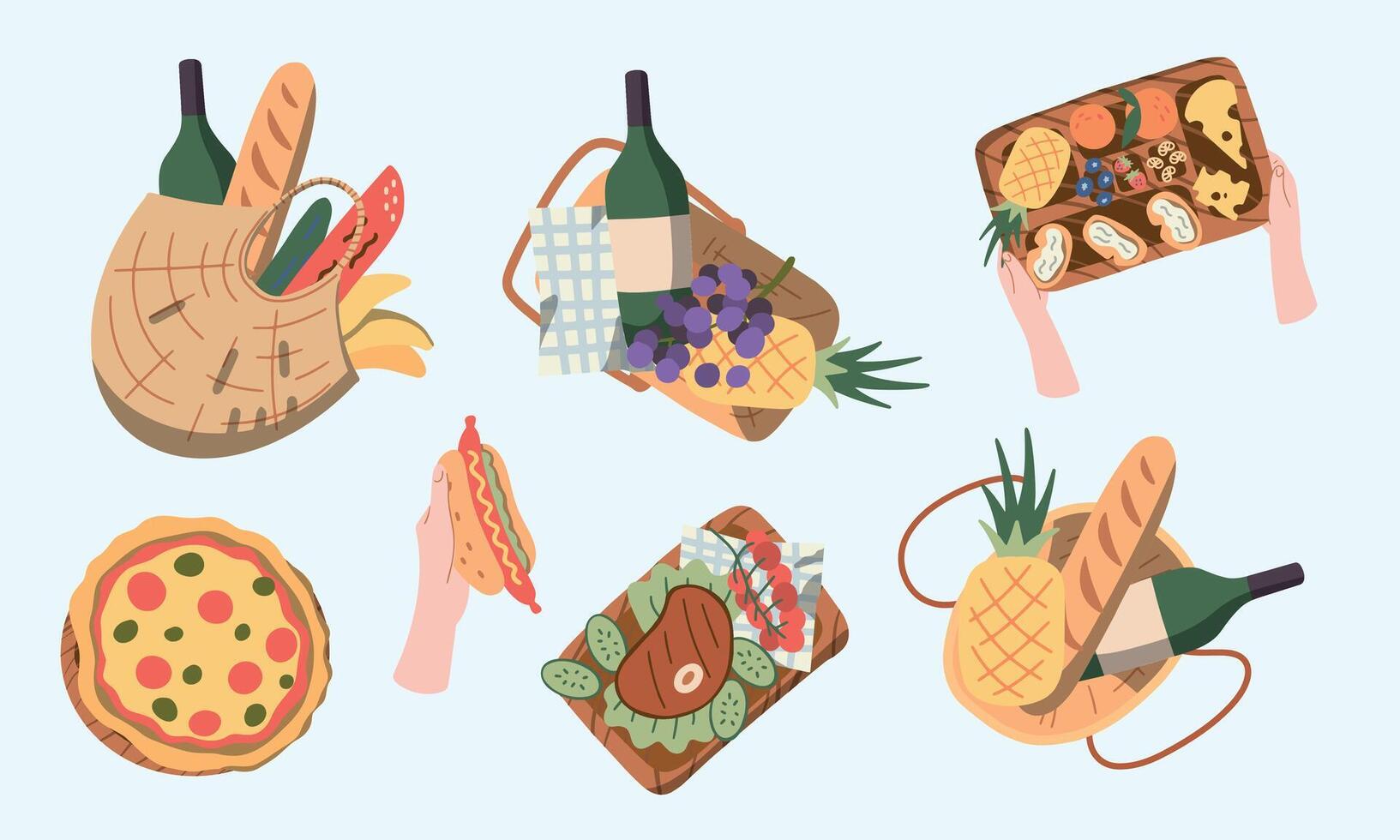 Picnic Food And Drink Set Cartoon Flat Vector Isolated Illustration On White Background