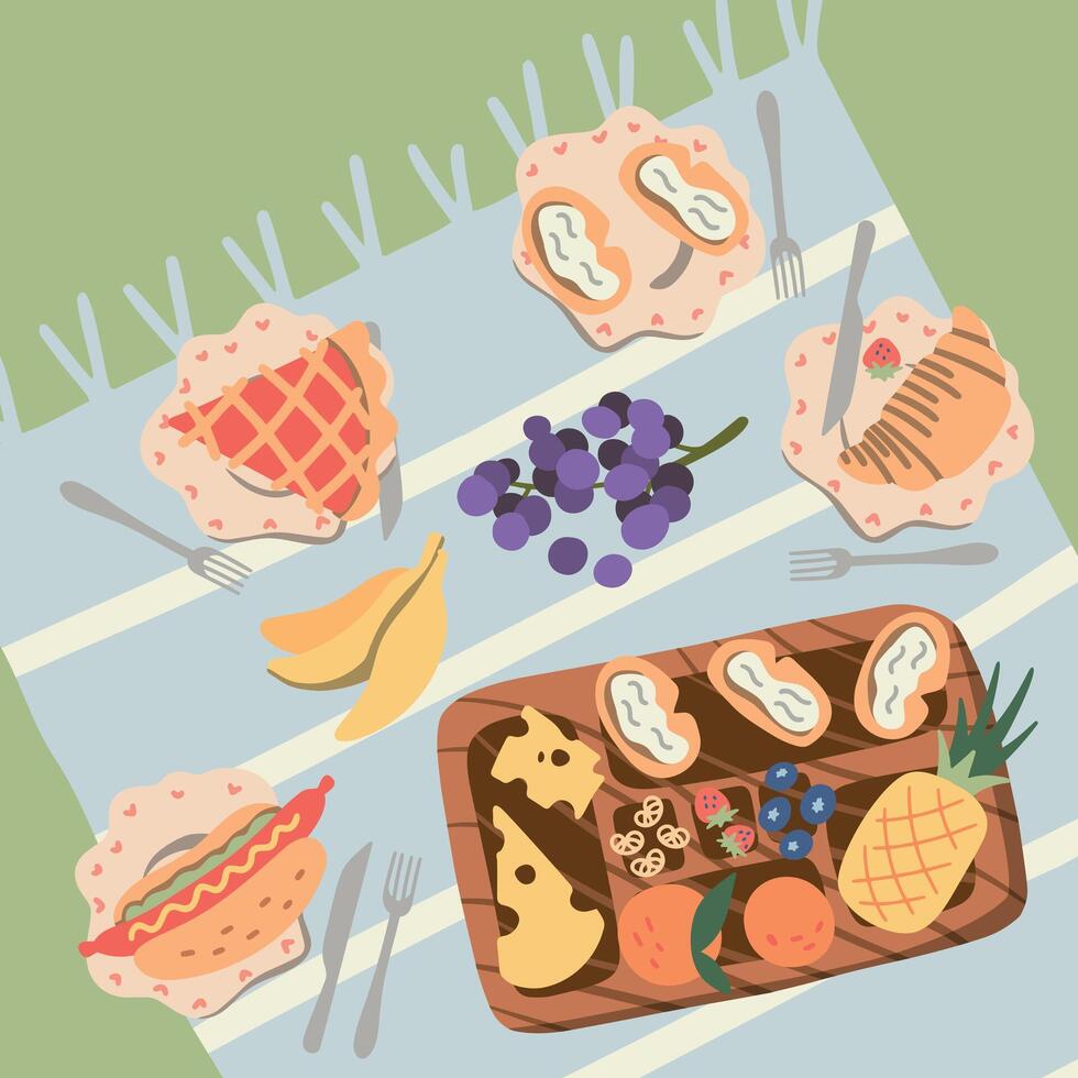 Cool graphic vector picnic concept for summer holidays with pies, hot dogs, wine, fresh bread, vegetables and fruits laid out on checkered fabric
