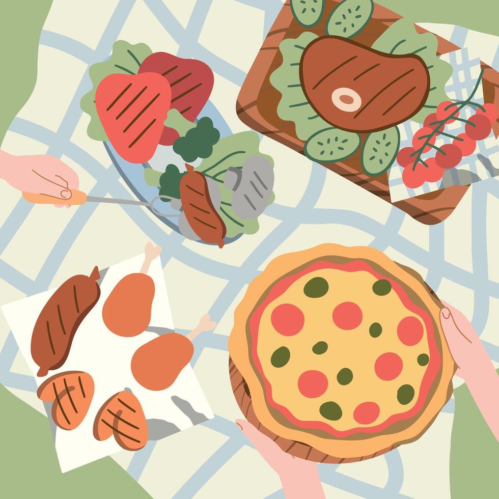 Cool graphic vector concept of picnic for summer vacation with barbecue grill, pizza, sandwiches, fresh bread, vegetables and bottle of water laid out on a red and white checked cloth.