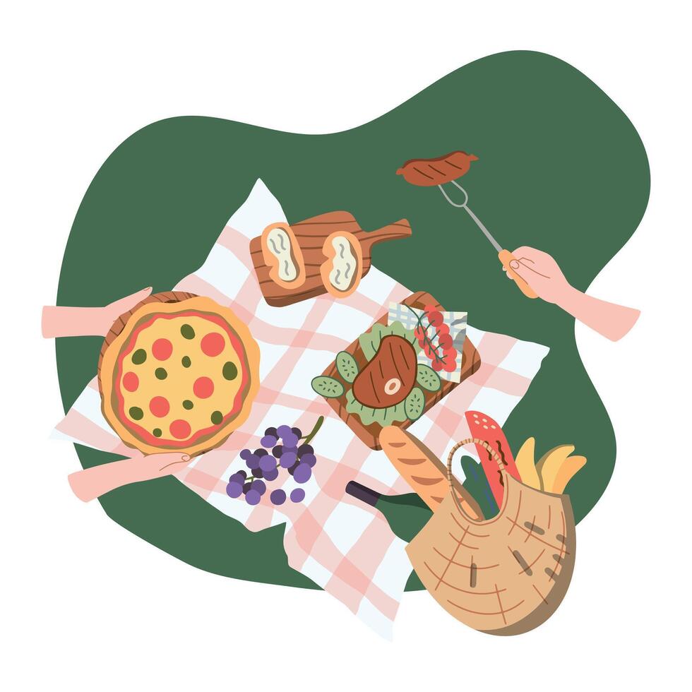 vector top view picnic concept for summer vacation with pizza, steaks, meat, wine, vegetables and fruits laid out on checkered fabric.