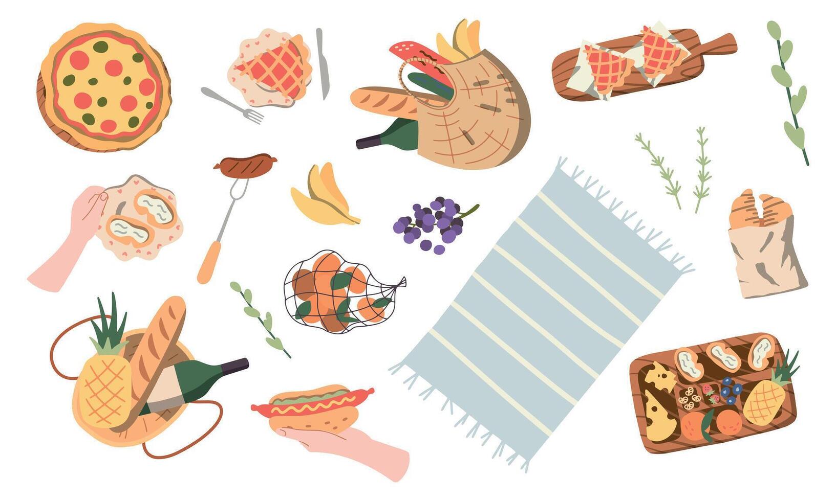 Collection of picnic items. Includes, basket, rug, cakes, pie, radio, cherries, and other desserts. Vector illustration, stickers, concept of summer outdoor dining in cartoon style. on isolated backgr