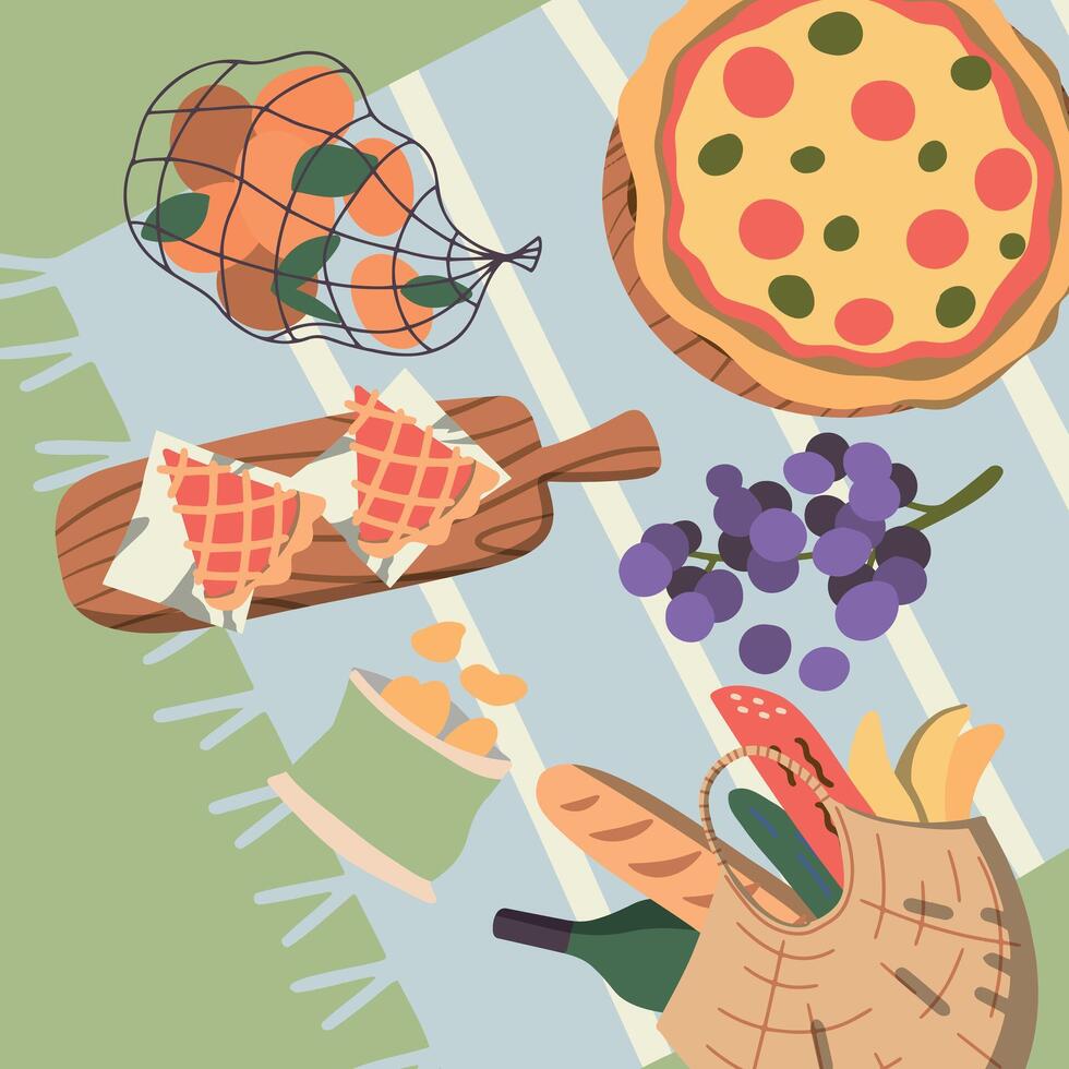 Cool graphic vector picnic concept for summer holidays with pies, hot dogs, wine, fresh bread, vegetables and fruits laid out on checkered fabric