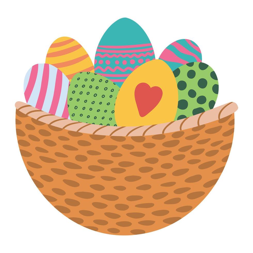 Easter wicker basket with painted eggs. Isolated on white background. Stock vector graphics