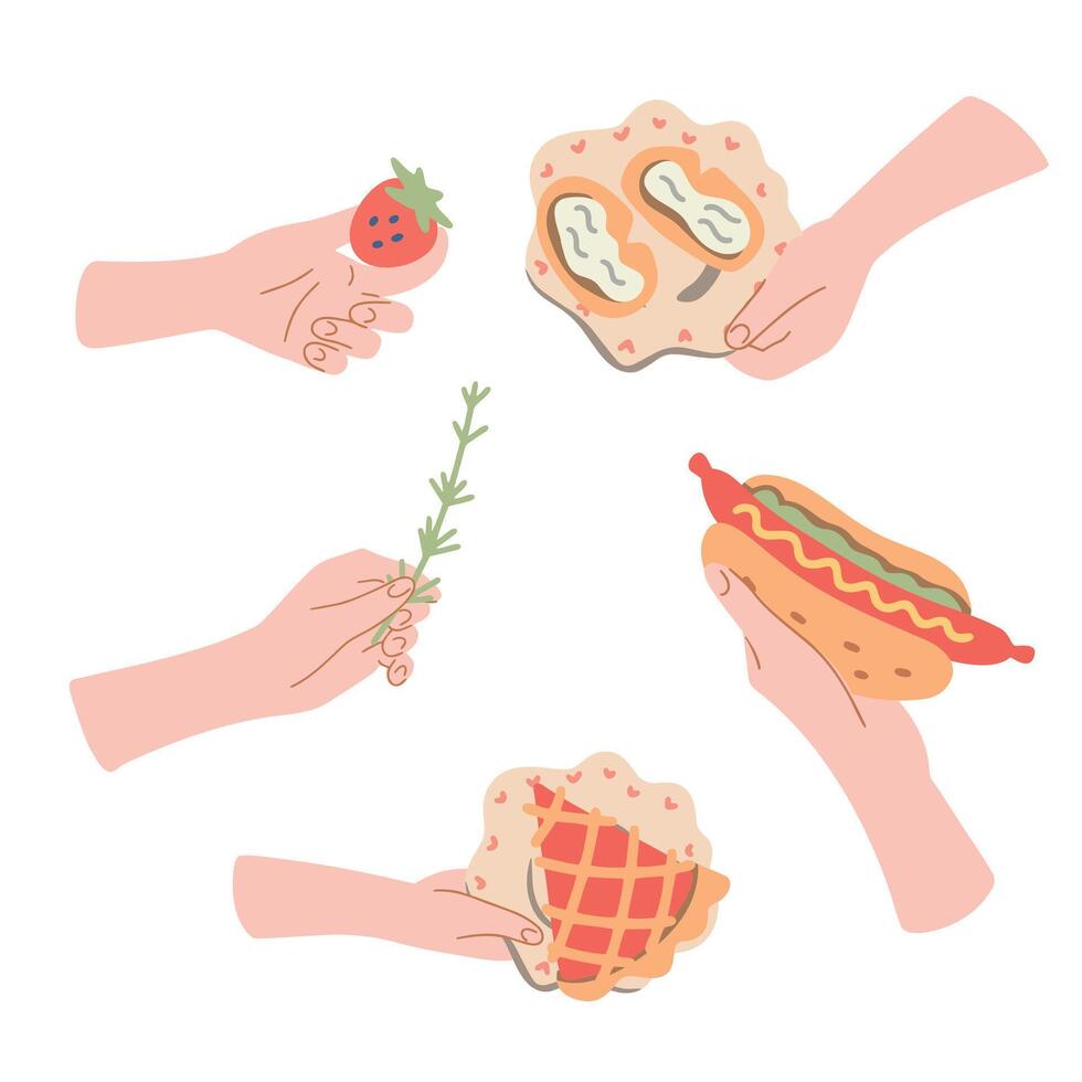 personas participación comida en su manos, parte superior vista. pedazo de tarta, fruta, bocadillo, caliente perro, en mano. vector