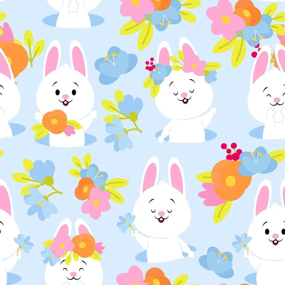 Spring seamless pattern of Easter bunnies and flowers on a blue background vector