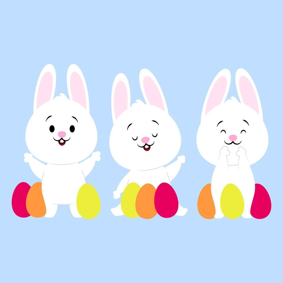 conjunto de Tres linda dibujos animados conejitos con Pascua de Resurrección huevos vector