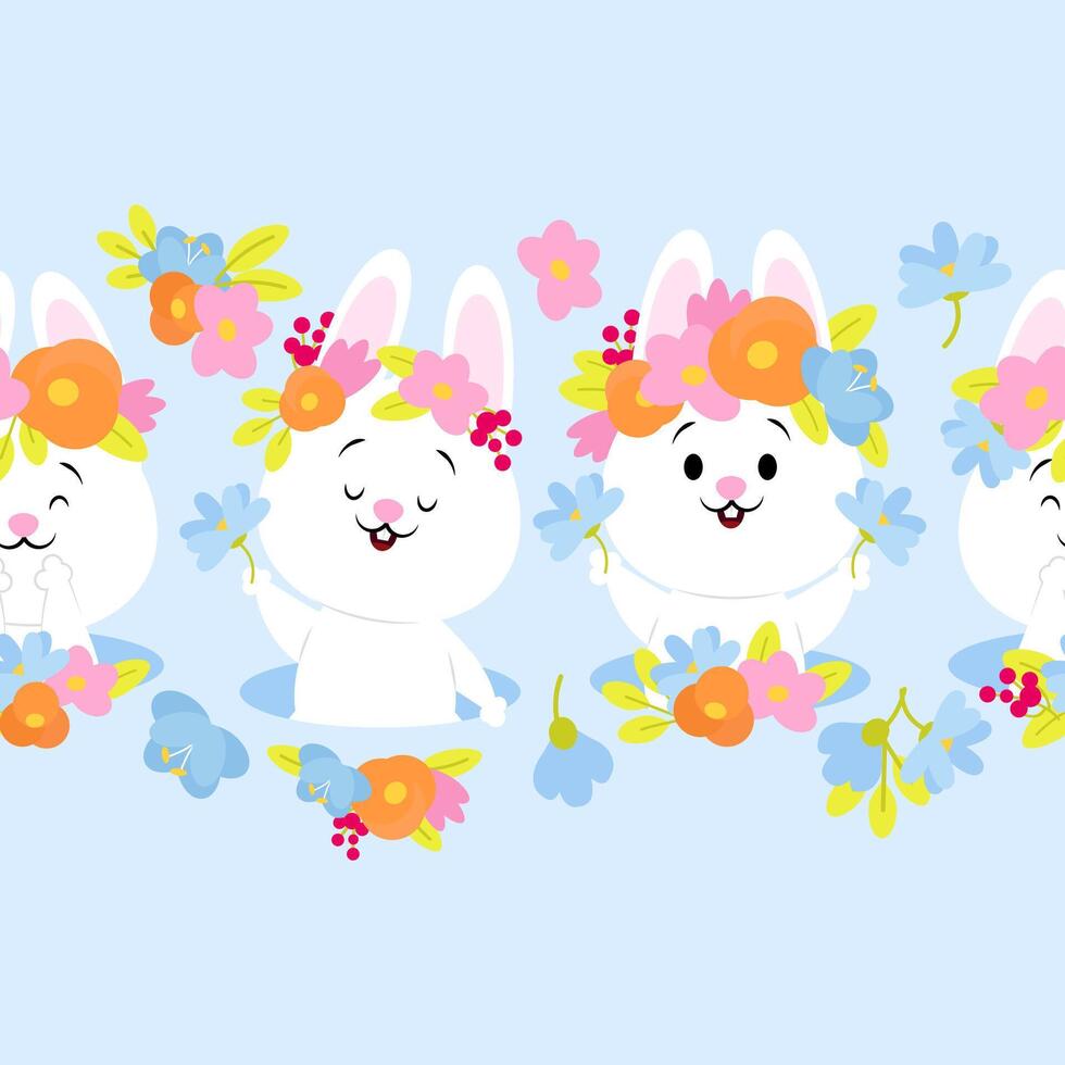Seamless border of cute Easter bunnies and spring flowers vector