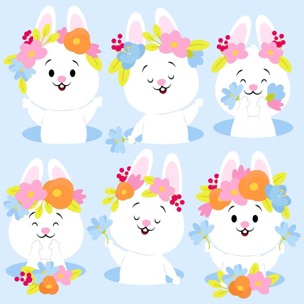 Set of cute Easter white bunnies with spring flowers vector