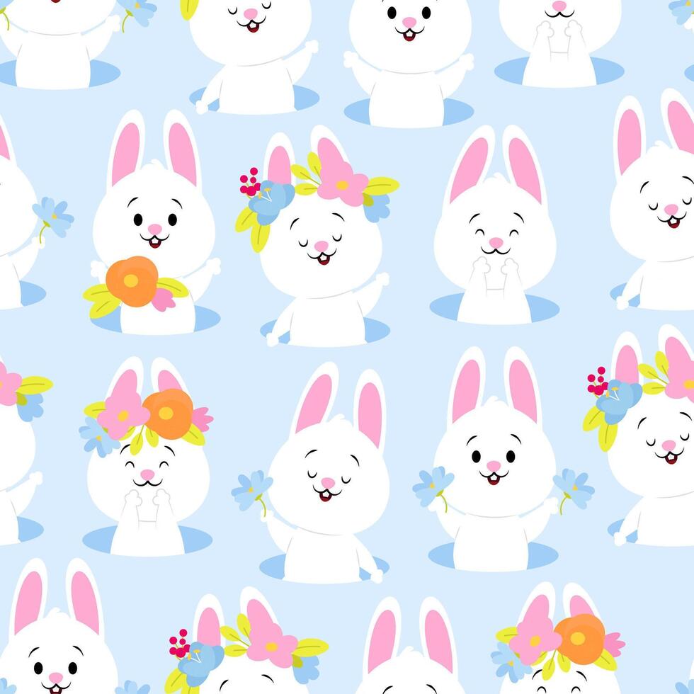 Easter seamless pattern of white bunnies and flowers vector