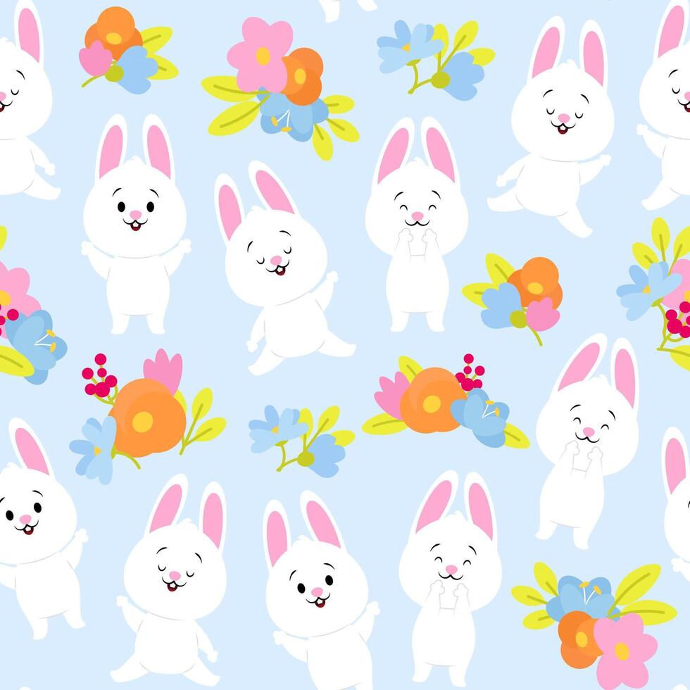 Seamless pattern of cute white Easter bunnies and simple flowers vector