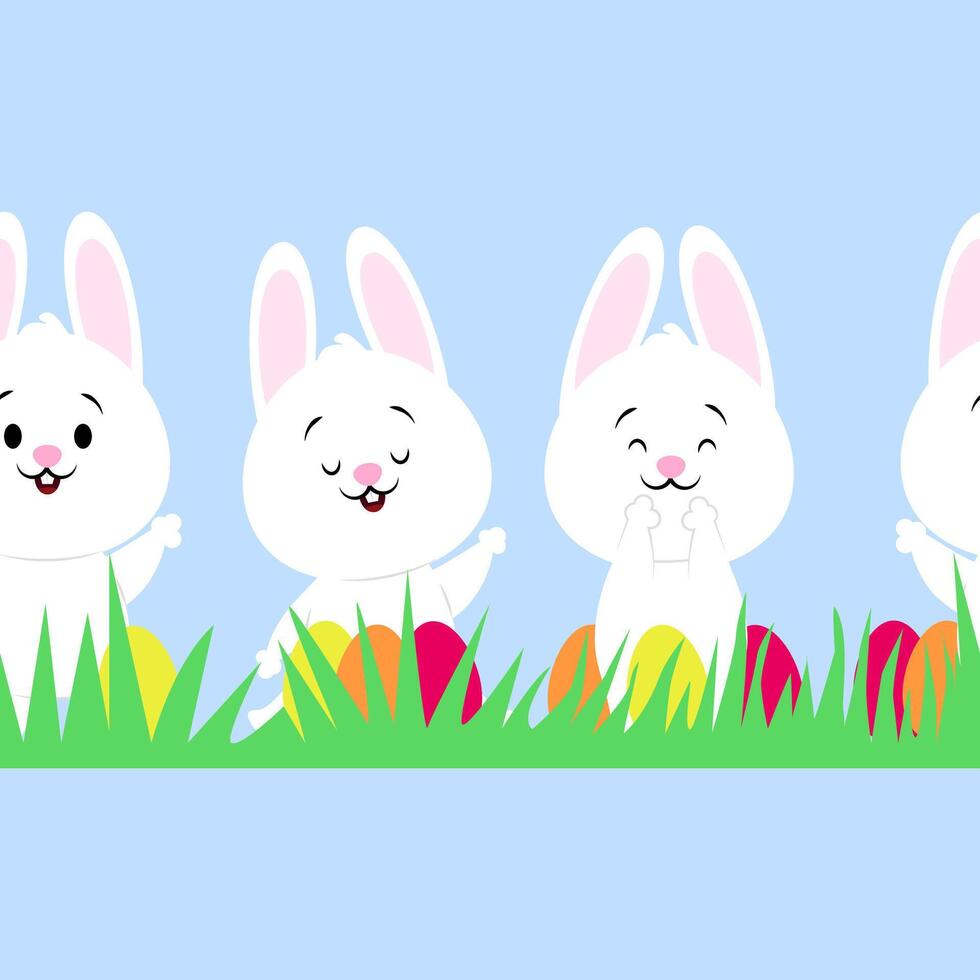 Seamless border of cute white Easter bunnies with eggs and grass vector