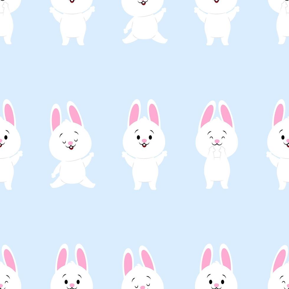 Seamless blue pattern of cute white rabbits vector