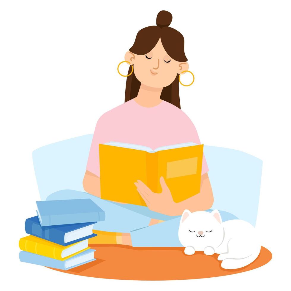 joven plano mujer leyendo libro a hogar con gato vector