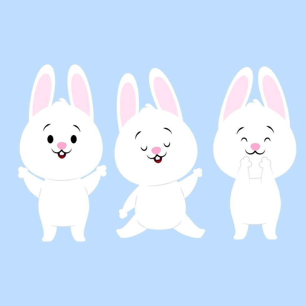 Set of cute cartoon white bunnies in different poses and with different emotions vector