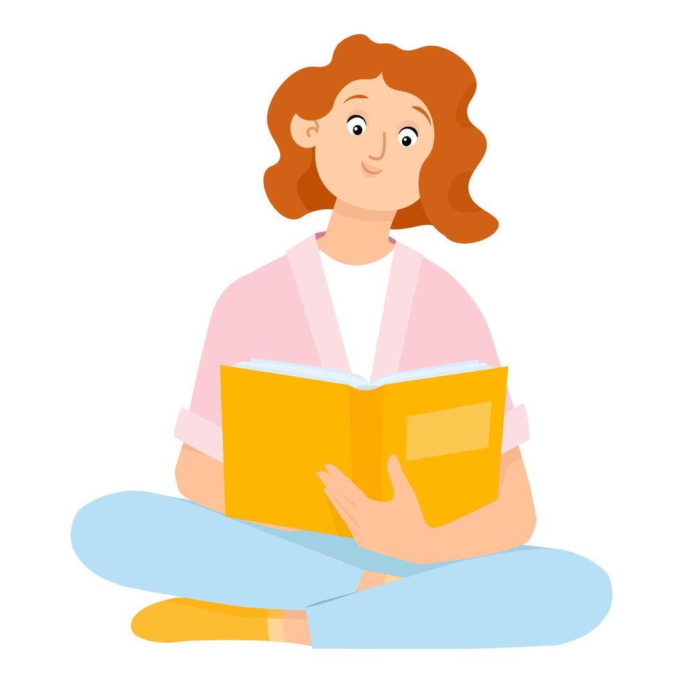 linda joven plano mujer con rojo pelo sentado y leyendo un libro vector