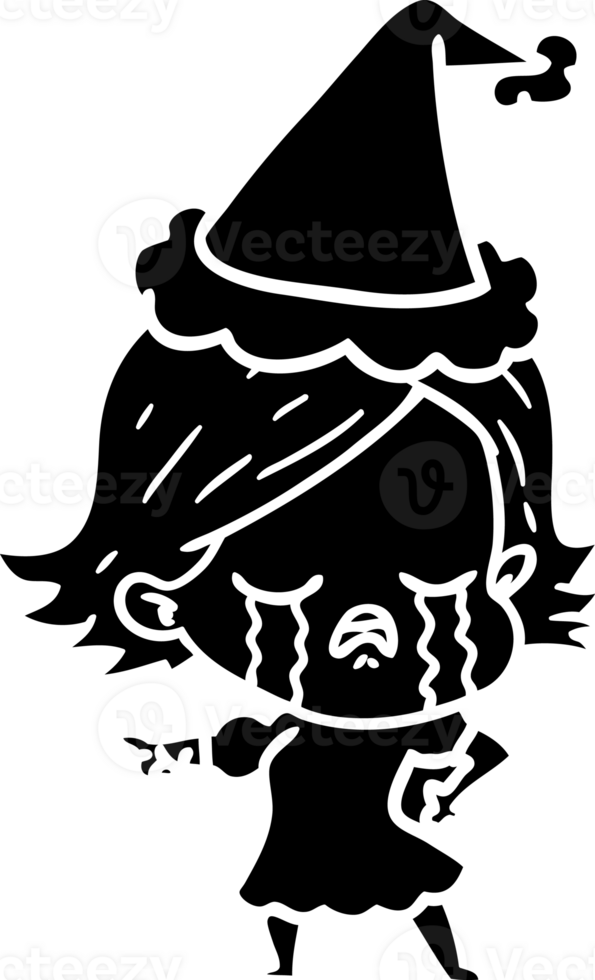 hand dragen linje teckning av en flicka gråt och pekande bär santa hatt fast svart ikon png