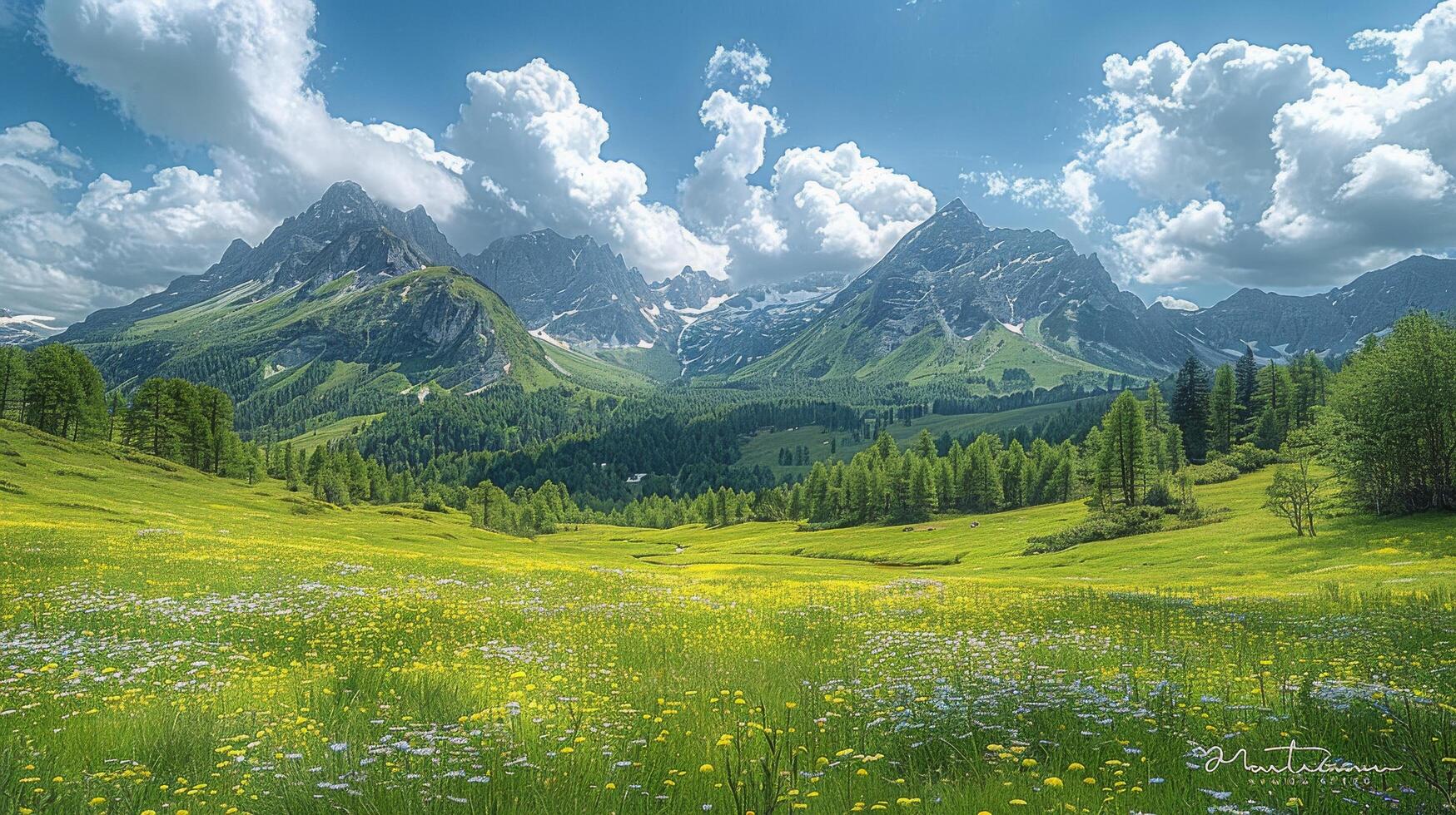 AI generated Field of Flowers With Mountains in Background photo