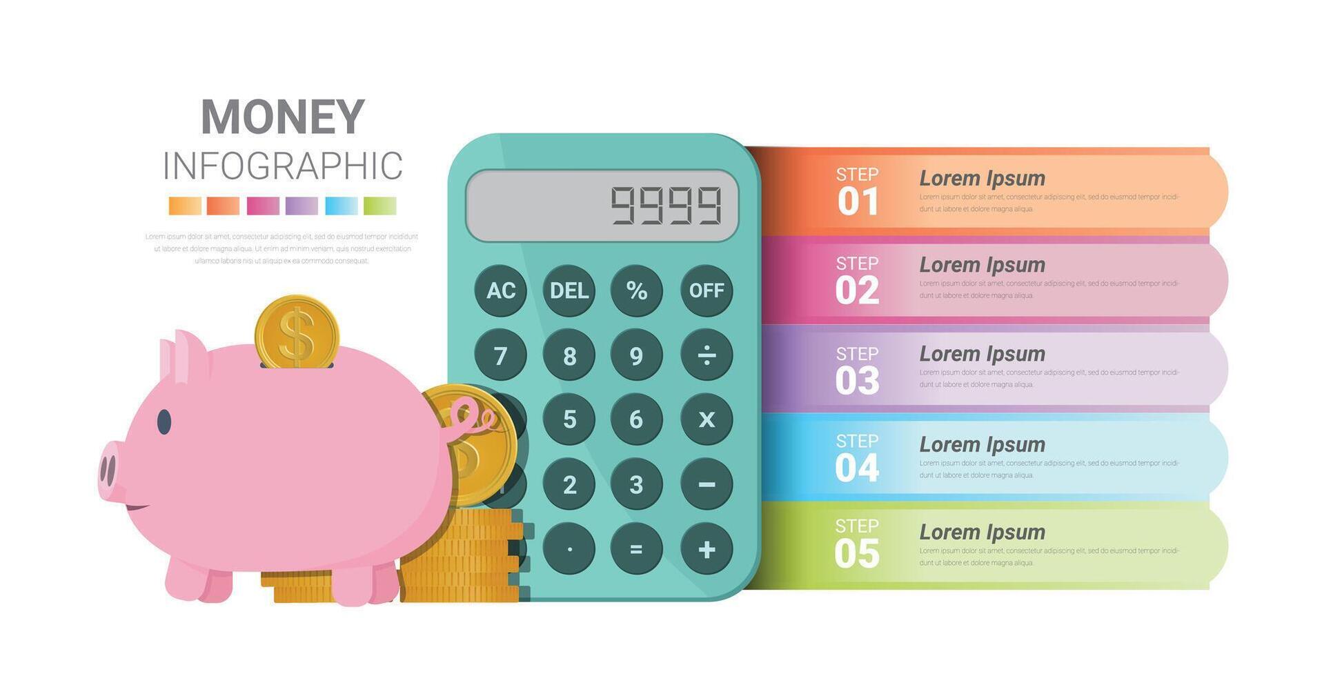 Piggy bank with gold coins and calculator Infographics with 4 labels, Keep and accumulate cash savings. Safe finance investment. Financial services. vector