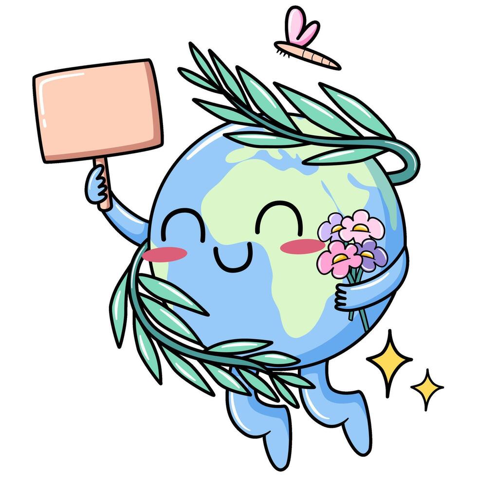 World Earth Character Bring a Board and Flowers Vector Illustration