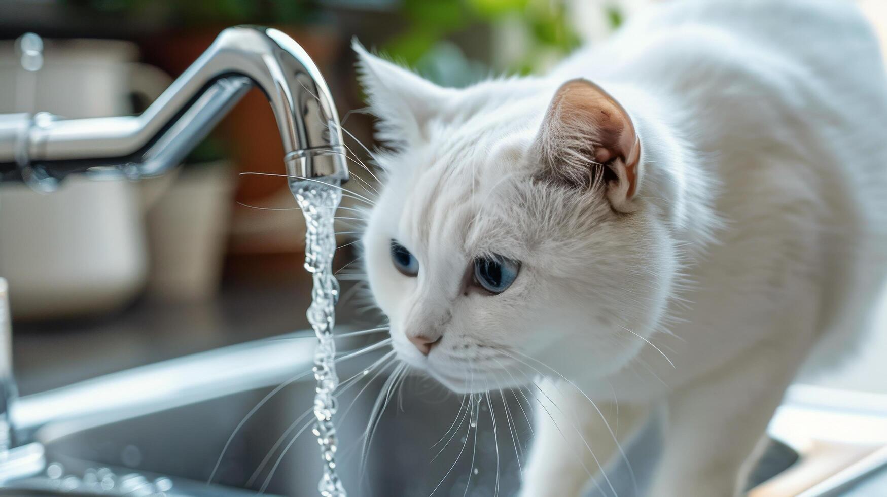 ai generado blanco gato Bebiendo agua desde cocina lavabo foto
