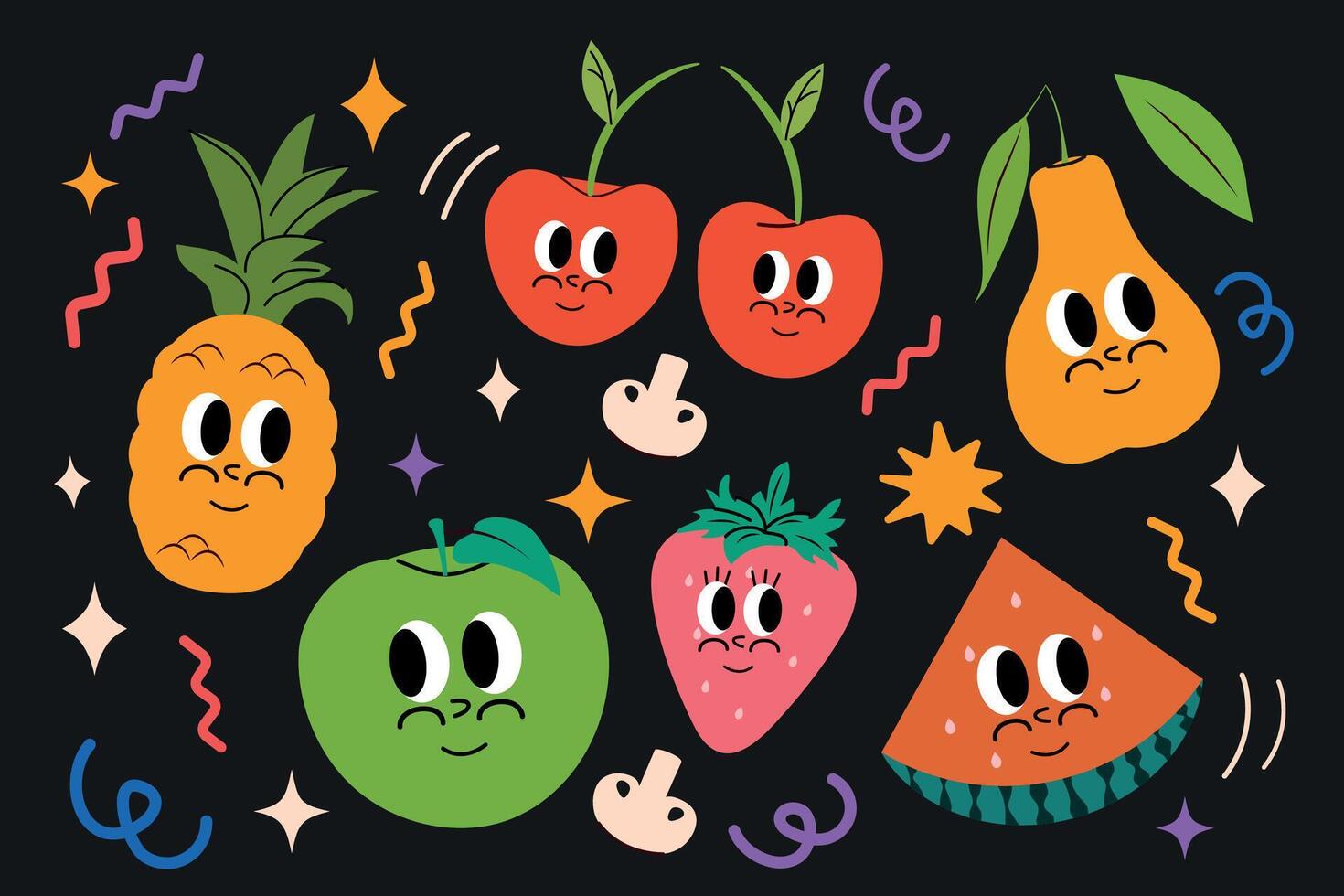 A set of happy and cheerful fruits and vegetables in a trendy groovy style. Vector illustration. Isolated. Funny funky mascot and comic character. Retro aesthetics. Doodle. 2000s and y2k. Pineapple