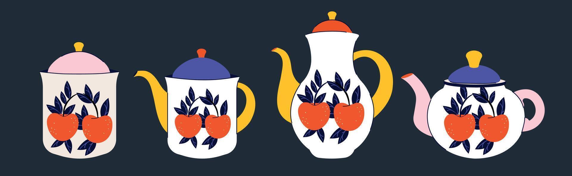 Set of dishes in hand drawn modern trendy style. Tea and coffee. Drinkware. Groovy design. Handmade Tableware Vibrant colors. Elements. Flat style. Ceramic Crockery. Beverages Collection. Vector
