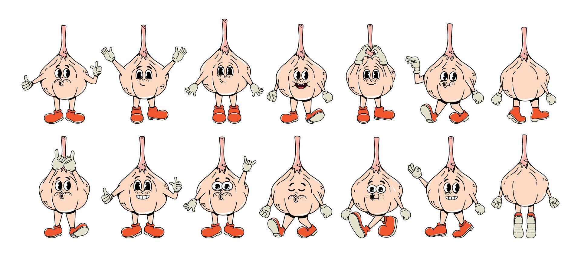 A set of vegetables in different poses and with facial expressions.  aesthetics. 2000s. Vector illustration. Collection of y2k characters. Sticker pack. Comic Garlic walking with his arms and legs