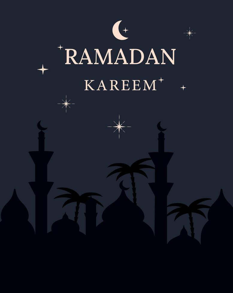 Background for the blessed holiday of Ramadan Kareem. Arabic postcard. Islamic traditional temple. Palm trees. Moon and stars. Vector stock illustration. Isolated. Hijri. Eid Mubarak