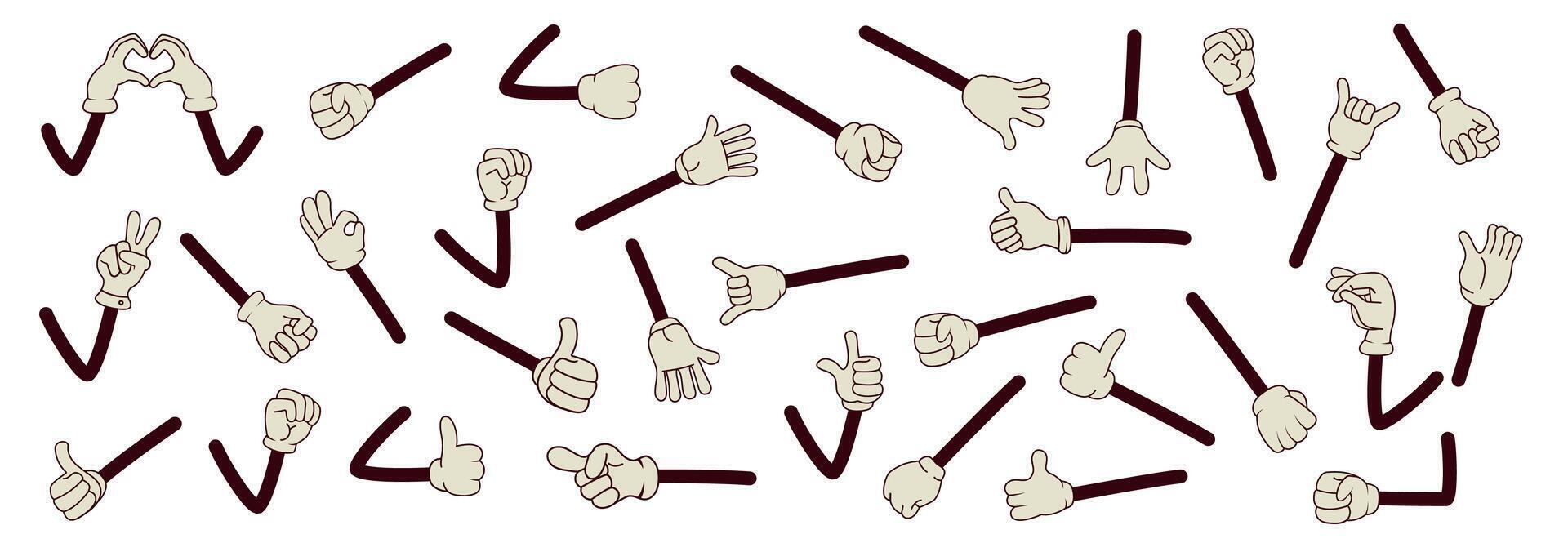 Set of hands in comic style. Groovy style. Vector illustration. Isolated. Collection of Different hand poses. Cute  character in hippie funky style. Y2k. Stickers. Vintage retro. Funny trendy style