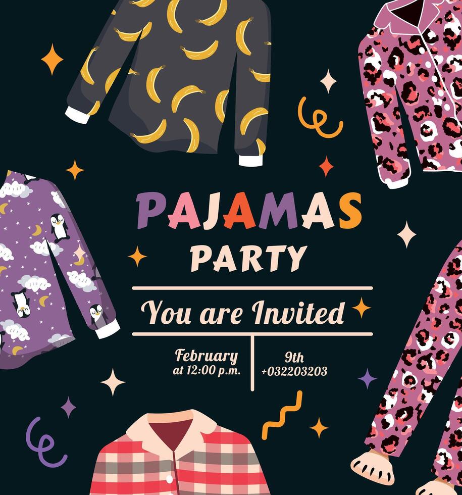 Invitation to a pajama party in a trendy flat style. Vector illustration. Vibrant colors on the poster. Pajamas and sleepwear. Shirt and pants. Slippers. Template for editing.  Legs. Bright and modern