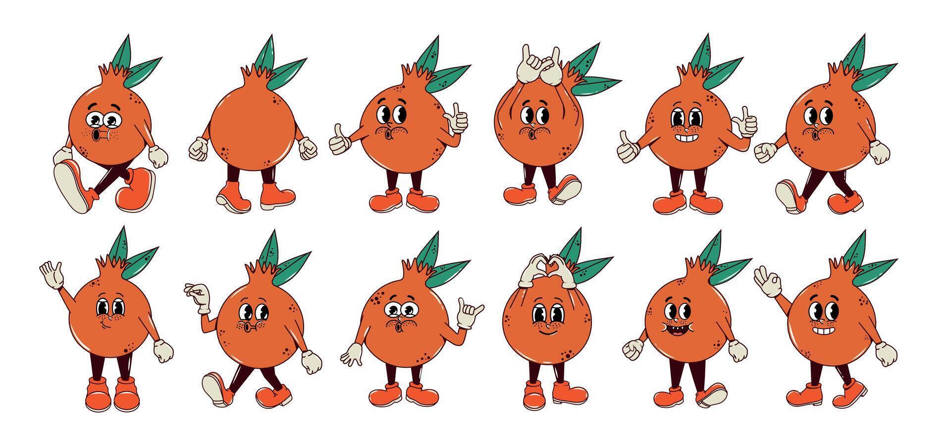 A set of fruit and berry in different poses and with facial expression. Retro and vintage icons with aesthetic. 2000s. Vector illustration. Collection of y2k character. Sticker pack. Comic Pomegranate